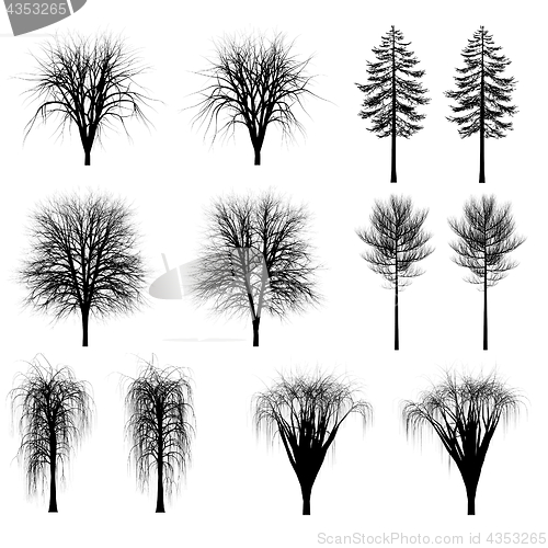 Image of Set of silhouettes of trees, bushes