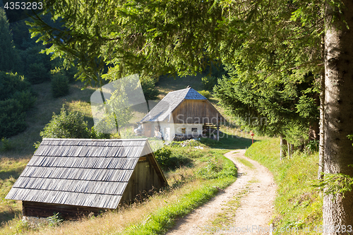 Image of Traditional wooden hut cabin in mountain alps at rural landscape in slovenian Julian Alps, Slovenia.