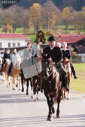 Image of Hundham, Germany, Bavaria 2017-11-04: Leonhardi ride in the Bavarian Hundham