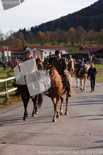 Image of Hundham, Germany, Bavaria 04.11.2017: Leonhardi ride in the Bavarian Hundham