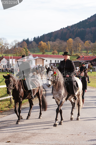 Image of Hundham, Germany, Bavaria 04.11.2017: Leonhardi ride in the Bavarian Hundham