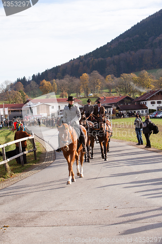 Image of Hundham, Germany, Bavaria 04.11.2017: Leonhardi ride in the Bavarian Hundham