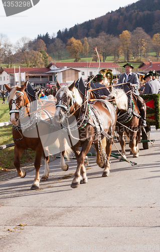 Image of Hundham, Germany, Bavaria 04.11.2017: Leonhardi ride in the Bavarian Hundham