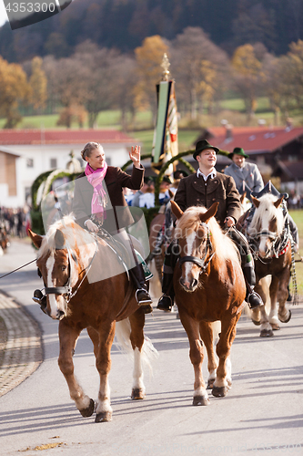 Image of Hundham, Germany, Bavaria 04.11.2017: Leonhardi ride in the Bavarian Hundham