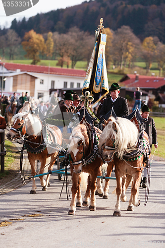 Image of Hundham, Germany, Bavaria 04.11.2017: Leonhardi ride in the Bavarian Hundham