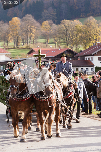 Image of Hundham, Germany, Bavaria 04.11.2017: Leonhardi ride in the Bavarian Hundham