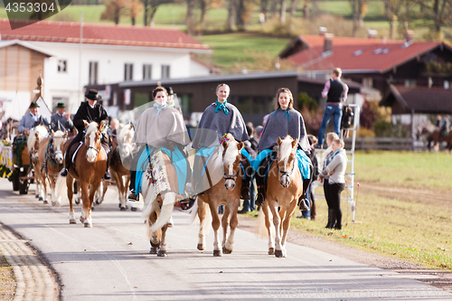 Image of Hundham, Germany, Bavaria 04.11.2017: Leonhardi ride in the Bavarian Hundham