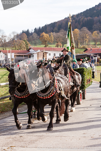 Image of Hundham, Germany, Bavaria 04.11.2017: Leonhardi ride in the Bavarian Hundham