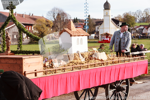 Image of Hundham, Germany, Bavaria 04.11.2017: Leonhardi ride in the Bavarian Hundham