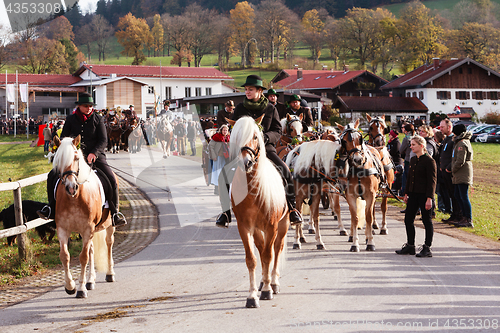 Image of Hundham, Germany, Bavaria 04.11.2017: Leonhardi ride in the Bavarian Hundham