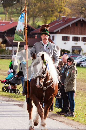 Image of Hundham, Germany, Bavaria 04.11.2017: Leonhardi ride in the Bavarian Hundham