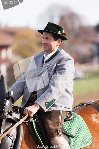 Image of Hundham, Germany, Bavaria 04.11.2017: Leonhardi ride in the Bavarian Hundham