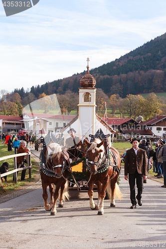 Image of Hundham, Germany, Bavaria 04.11.2017: Leonhardi ride in the Bavarian Hundham