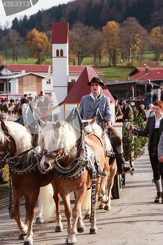 Image of Hundham, Germany, Bavaria 04.11.2017: Leonhardi ride in the Bavarian Hundham
