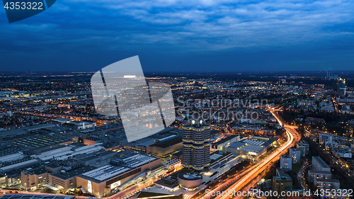 Image of Evening Munich birds eye panoramic cityscape view with BMW