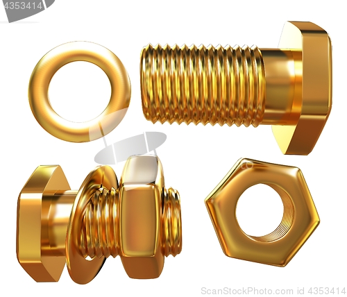 Image of Gold Bolt with nut. 3d illustration