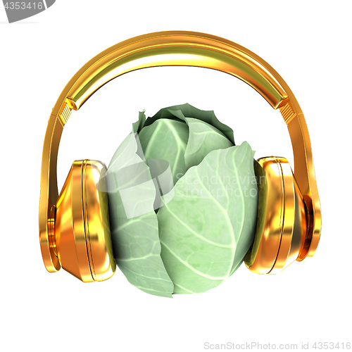 Image of Green cabbage with headphones on a white background. 3d illustra