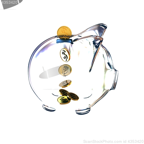 Image of glass piggy bank with golden coins. 3d illustration