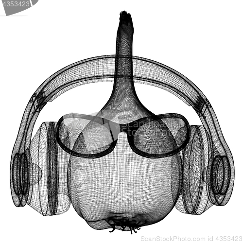 Image of Head of garlic with sun glass and headphones front \"face\" on a w