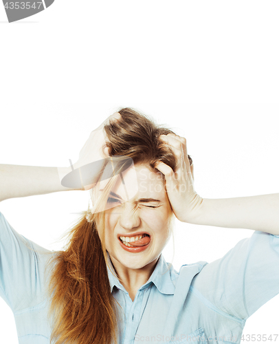 Image of cute young woman making cheerful faces on white background, mess