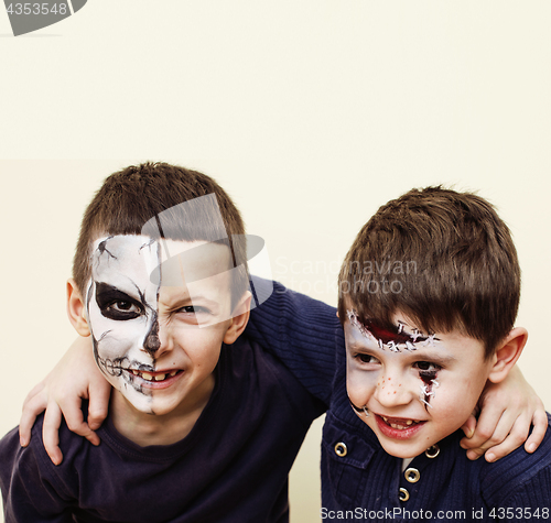 Image of zombie apocalypse kids concept. Birthday party celebration facepaint on children dead bride, scar face, skeleton together having fun halloween