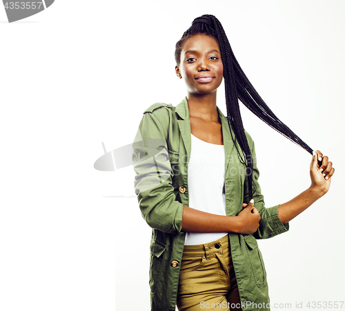 Image of young pretty african-american girl posing cheerful emotional on 