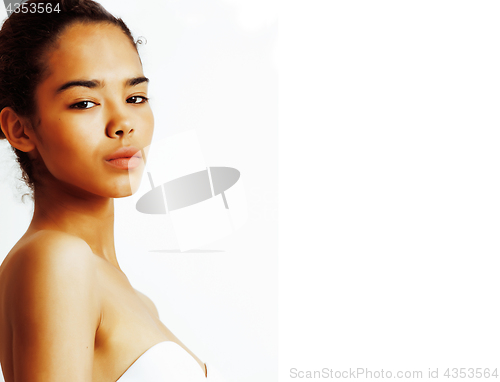 Image of young pretty african-american mixed rases asian posing on white background isolated close up