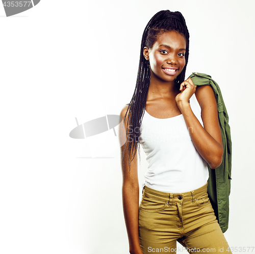 Image of young pretty african-american girl posing cheerful emotional on 