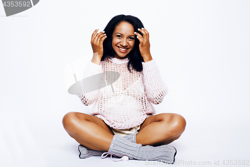 Image of young pretty african american woman pregnant happy smiling, posing on white background isolated , lifestyle people concept