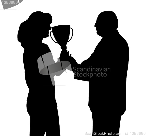 Image of Female winner receiving trophy from president director or sponsor