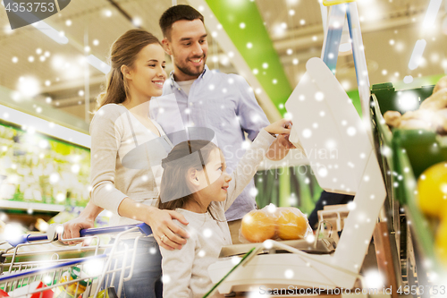 Image of family weighing oranges on scale at grocery store