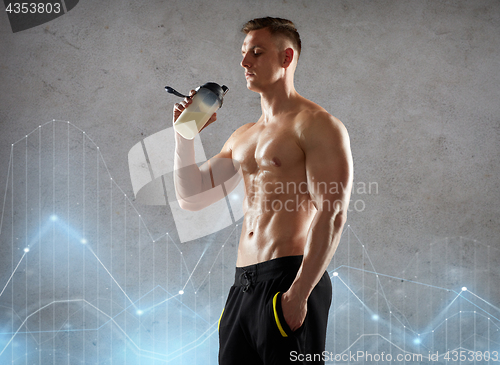 Image of young man or bodybuilder with protein shake bottle