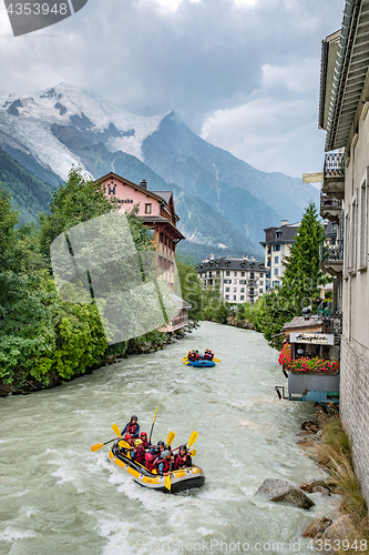 Image of Chamonix, France - July 19, 2017: boats rafting through the town