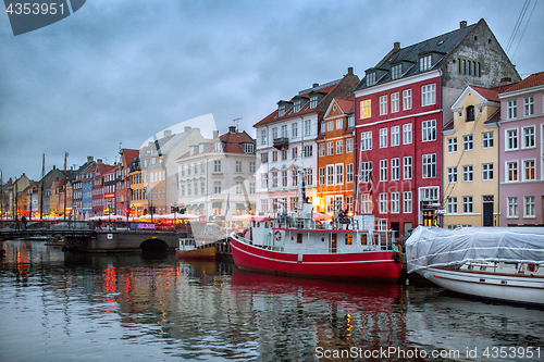 Image of Night view of Nyhavn canal, Copenhagen