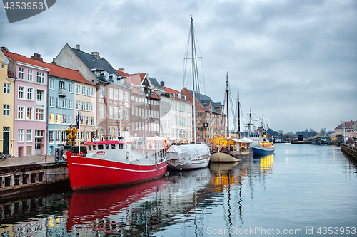 Image of Night view of Nyhavn canal, Copenhagen