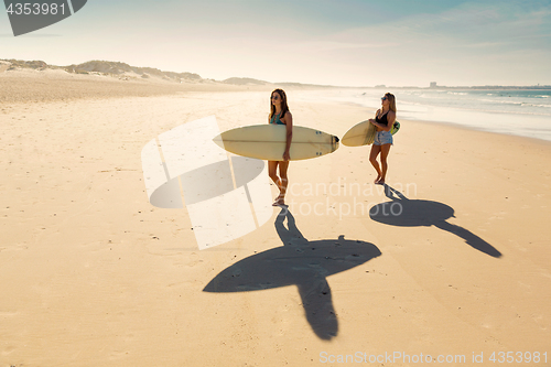 Image of Surfer girls walking on the beach