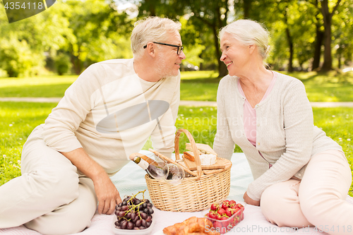 Image of happy senior couple having picnic at summer park