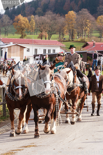 Image of Hundham, Germany, Bavaria 04.11.2017: Leonhardi ride in the Bavarian Hundham