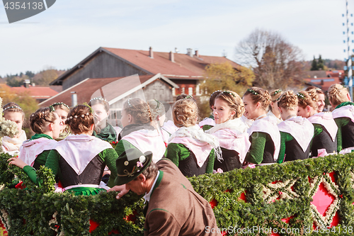 Image of Hundham, Germany, Bavaria 04.11.2017: Leonhardi ride in the Bavarian Hundham