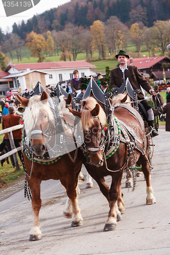 Image of Hundham, Germany, Bavaria 04.11.2017: Leonhardi ride in the Bavarian Hundham