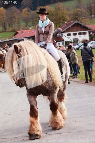 Image of Hundham, Germany, Bavaria 04.11.2017: Leonhardi ride in the Bavarian Hundham