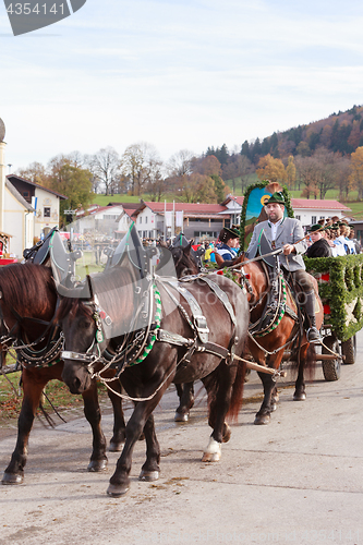 Image of Hundham, Germany, Bavaria 04.11.2017: Leonhardi ride in the Bavarian Hundham