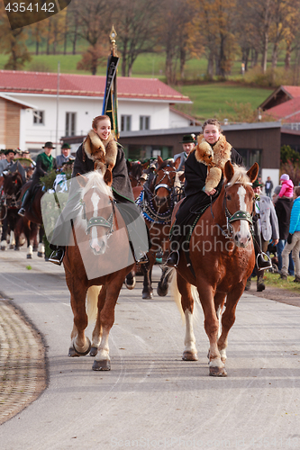 Image of Hundham, Germany, Bavaria 04.11.2017: Leonhardi ride in the Bavarian Hundham