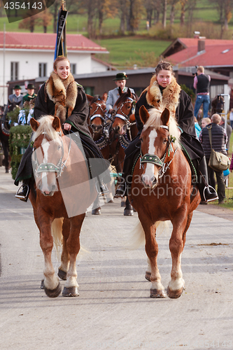 Image of Hundham, Germany, Bavaria 04.11.2017: Leonhardi ride in the Bavarian Hundham