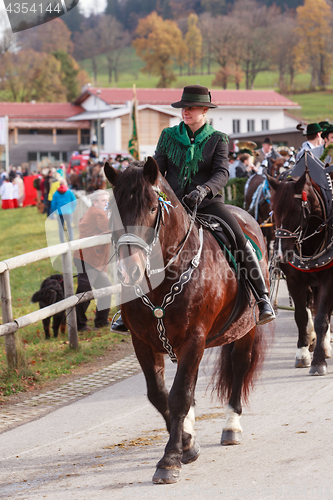 Image of Hundham, Germany, Bavaria 04.11.2017: Leonhardi ride in the Bavarian Hundham