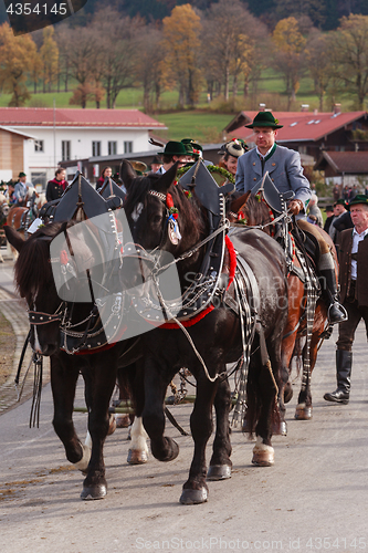 Image of Hundham, Germany, Bavaria 04.11.2017: Leonhardi ride in the Bavarian Hundham