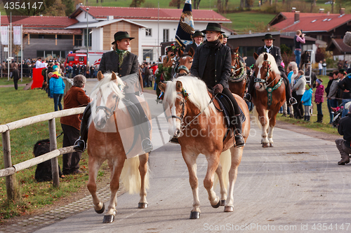 Image of Hundham, Germany, Bavaria 04.11.2017: Leonhardi ride in the Bavarian Hundham