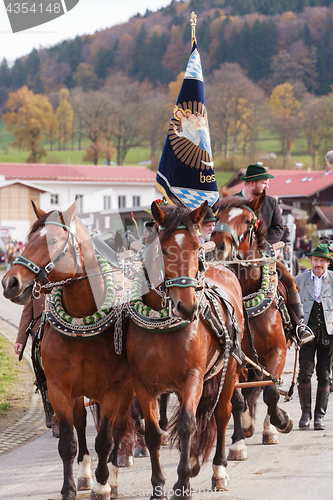 Image of Hundham, Germany, Bavaria 04.11.2017: Leonhardi ride in the Bavarian Hundham