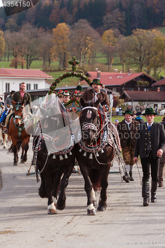 Image of Hundham, Germany, Bavaria 04.11.2017: Leonhardi ride in the Bavarian Hundham