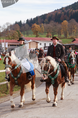 Image of Hundham, Germany, Bavaria 04.11.2017: Leonhardi ride in the Bavarian Hundham